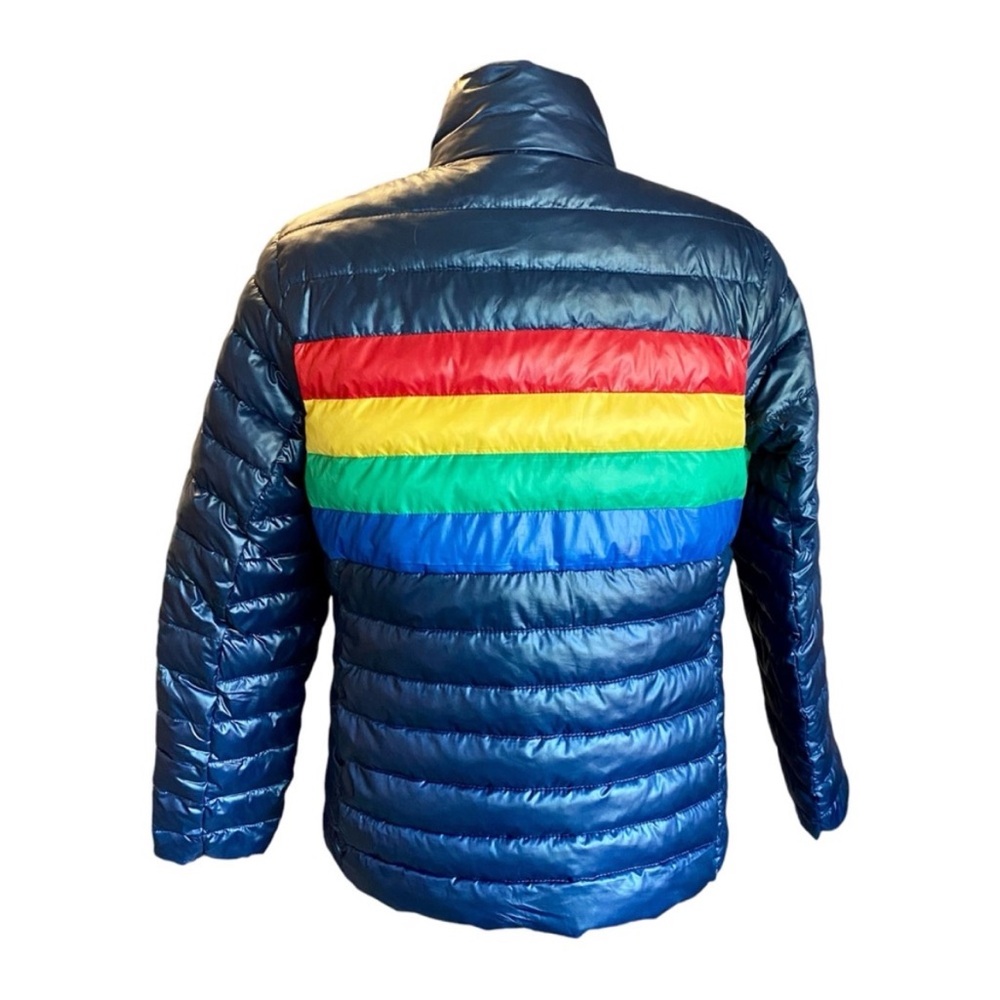 Primary Rainbow Bright Stripe Lightweight Puffer Navy Jacket, Womens size Medium - Picture 3 of 11